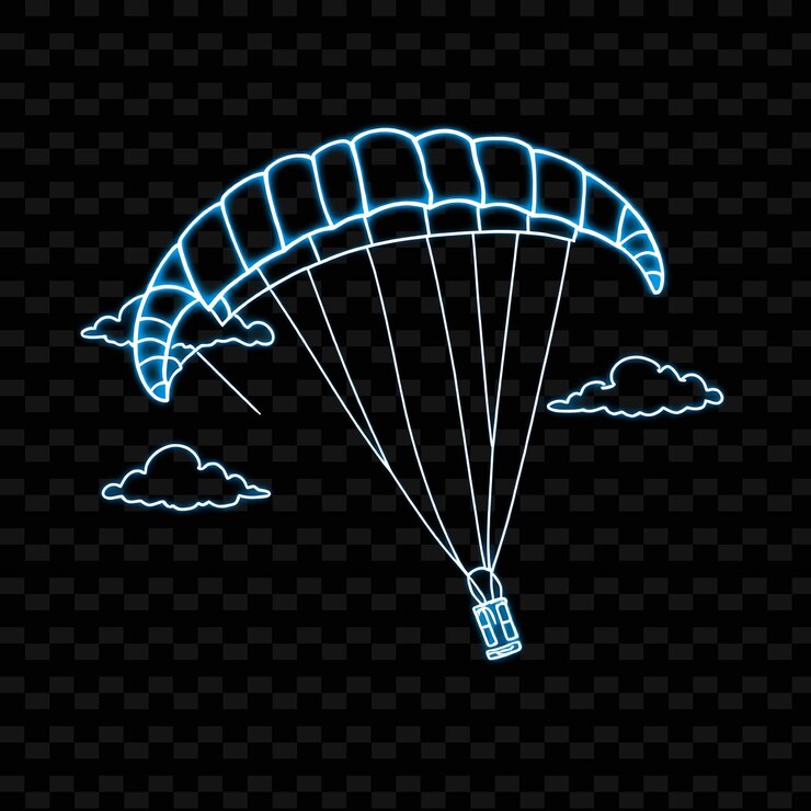 PSD toned paraglider with parachute neon sky art design with airy blue illustration neon character