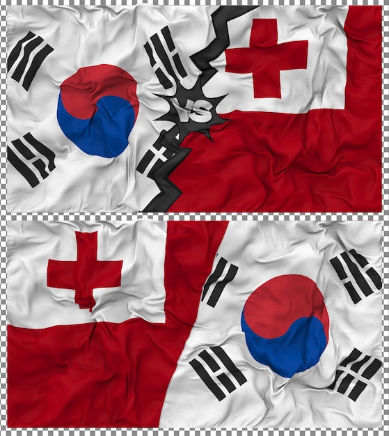 Tonga gegen Südkorea Halbkombinierte Flagge Stoff-Bump-Textur 3D-Rendering