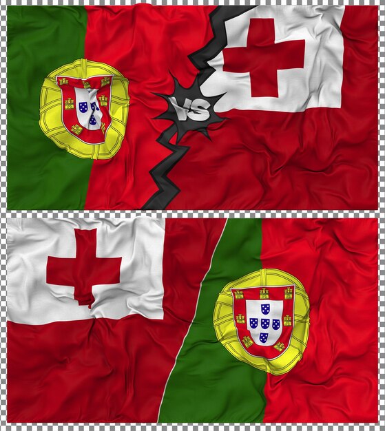 Tonga vs Portugal Half Combined Flag Cloth Bump Texture Rendering 3D Il s'agit d'un drapeau à moitié combiné.