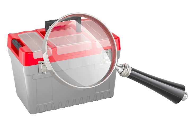 PSD tool box with magnifying glass 3d rendering isolated on transparent background