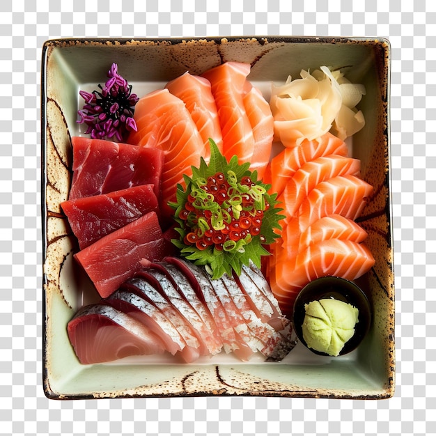 Top-Ansicht eines köstlichen Sashimi-Tablets, der auf einem eleganten Lackwerk serviert wird, das auf Transpare isoliert ist