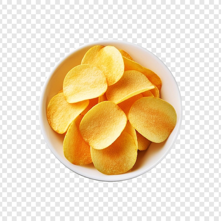 PSD top-ansicht von kartoffelchips, die auf durchsichtigem hintergrund isoliert sind