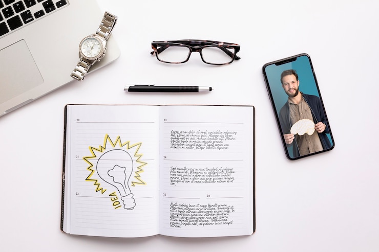 PSD top view agenda und telefonmodell