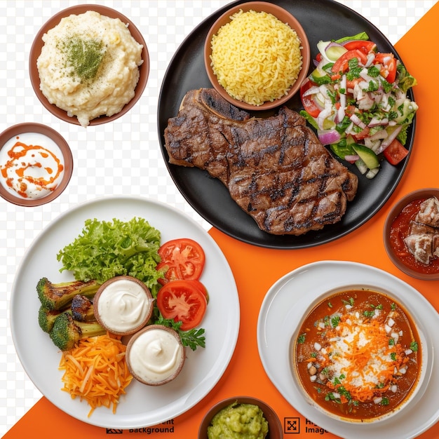 PSD top-view-aufnahme von gegrilltem steak bulgur pilaf kartoffelpüree salat dessert platte ezogelin suppe und iftar essen aus einem oberen winkel auf einem weißen orange isolierten hintergrund in einem isolierten set