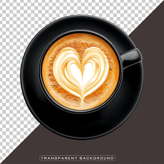 Top view close-up di un design di cuore latte art in una tazza di caffè nera su uno sfondo trasparente Top v