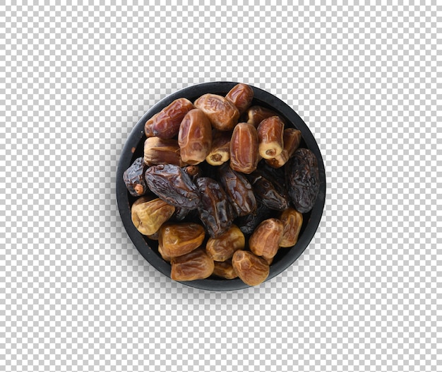 top view dates in glass bowl isolated on transparent background with clipping mask