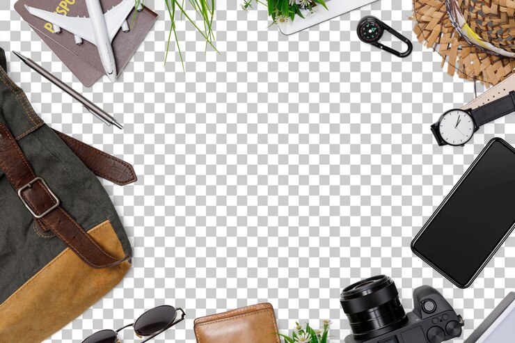 PSD top view mockup de viajantes acessórios com passaporte livros de plano de viagem carteira câmera chapéu mochila e avião brinquedo isolado conceito de viagem tropical png transparência com sombra