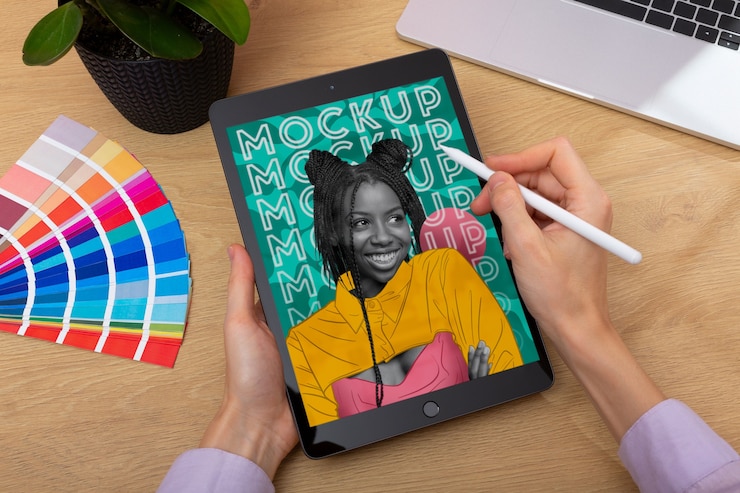PSD top view model holding tablet and pencil