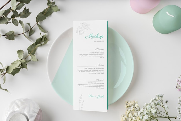 top view of table arrangement with spring menu mock-up