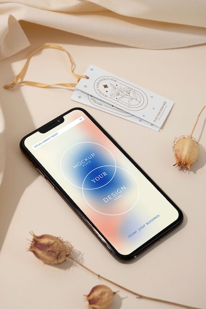 PSD top-view-smartphone und etikett-mockup