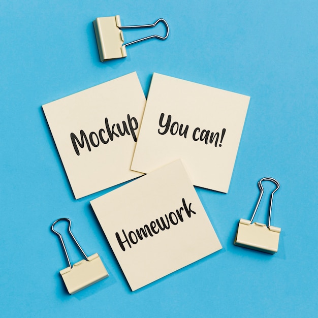 Top view sticky notes with paper clips