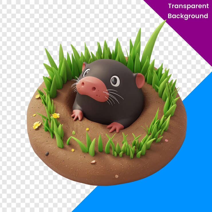 PSD topo de dibujos animados en 3d en una madriguera con hierba y flores