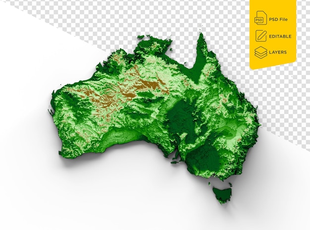 Topografische Karte Australiens 3D-Realistische Karte Farbe auf weißem Hintergrund 3D-Illustration