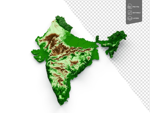 PSD topografische karte indiens 3d-realistische karte farbe auf weißem hintergrund 3d-illustration