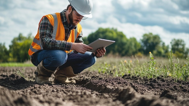 Topógrafo usando una tableta en el campo para comprobar el suelo