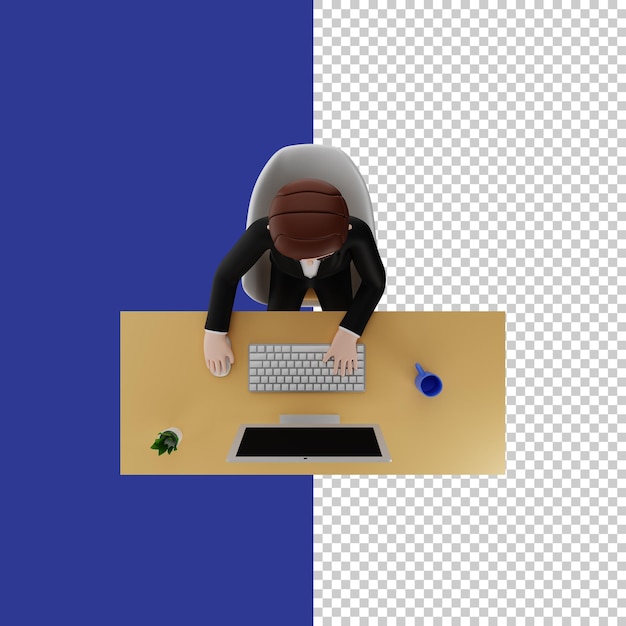 TopView 3D Illustration of a Character Working on a Computer at Home or Office