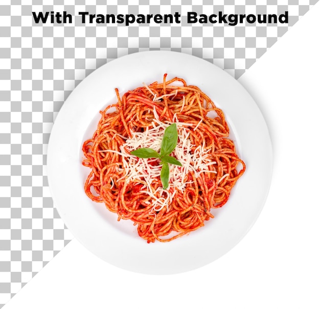 TopView espaguete bolognese molho vermelho queijo manjericão no topo PNG PSD isolado em fundo transparente