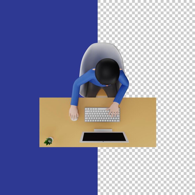 PSD topview ilustração 3d de um personagem trabalhando em um computador em casa ou no escritório