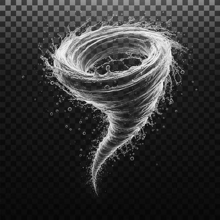 PSD tornado de tornado de água transparente ou redemoinho de água salpicada com gotas isoladas em png