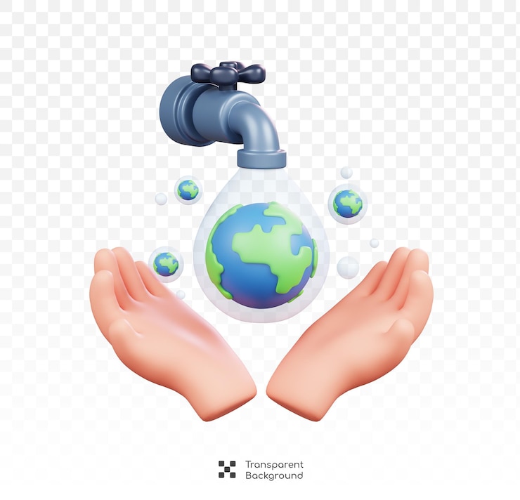 PSD torneira de água com o globo terrestre dentro gota de água à mão isolado ícone do dia mundial da água 3d render