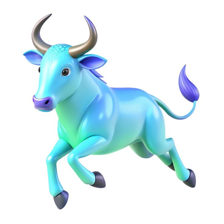 PSD un toro azul con una cola púrpura y una cola azul