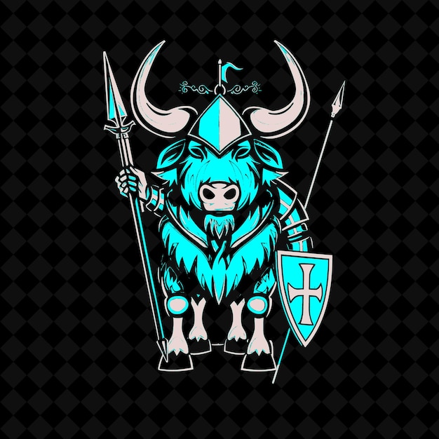 un toro azul con un escudo y un escudo con una espada en él