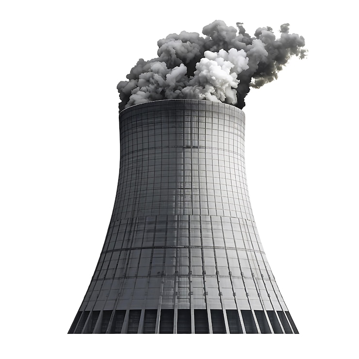 PSD torre de refrigeração industrial emitindo espessas colunas de fumaça