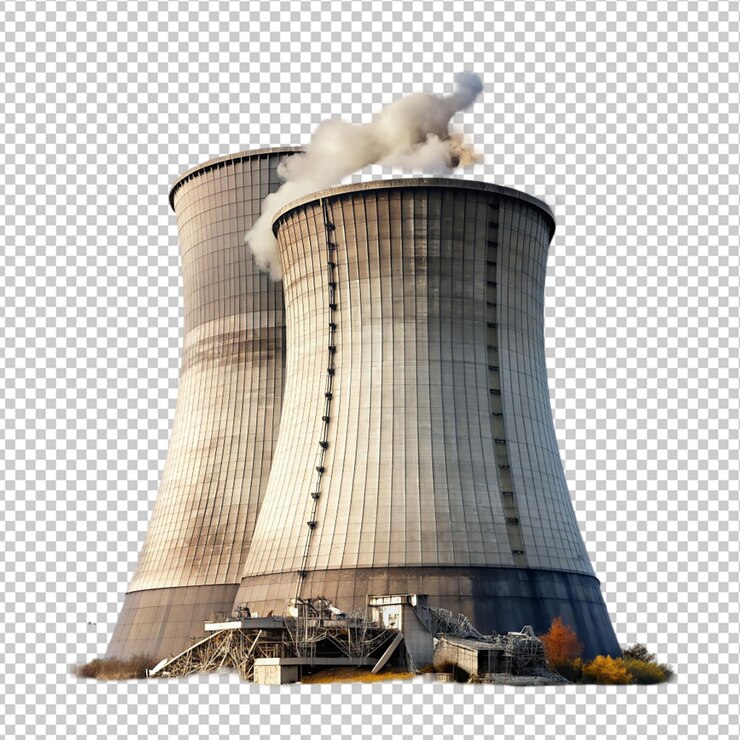 PSD torre de refrigeração nuclear destruída em fundo transparente
