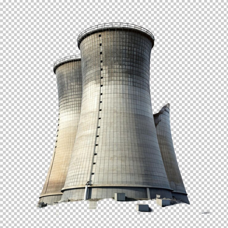 PSD torre de refrigeração nuclear destruída em fundo transparente