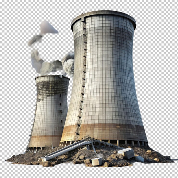 PSD torre de refrigeração nuclear destruída em fundo transparente
