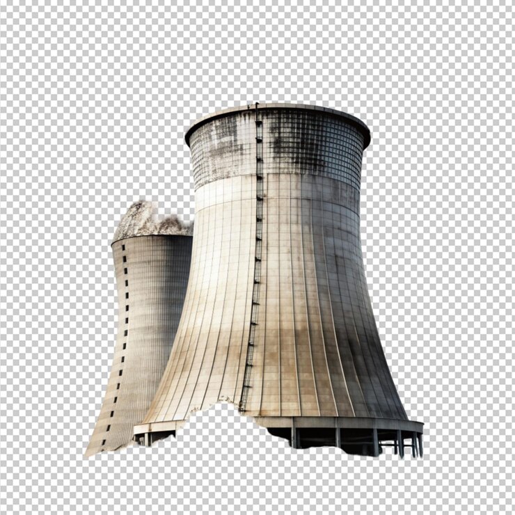 PSD torre de refrigeração nuclear destruída em fundo transparente