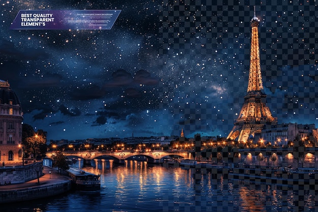 La Torre Eiffel iluminada contra un cielo estrellado en un fondo transparente