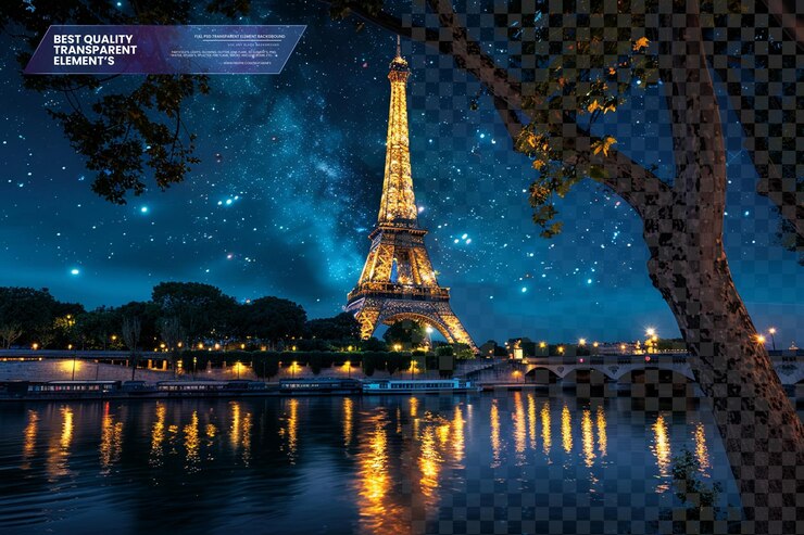 PSD la torre eiffel iluminada contra un cielo estrellado en un fondo transparente