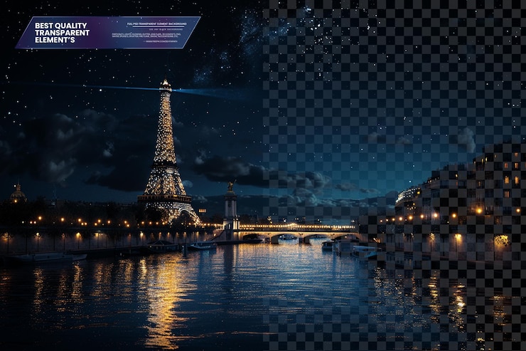 PSD la torre eiffel iluminada contra un cielo estrellado en un fondo transparente