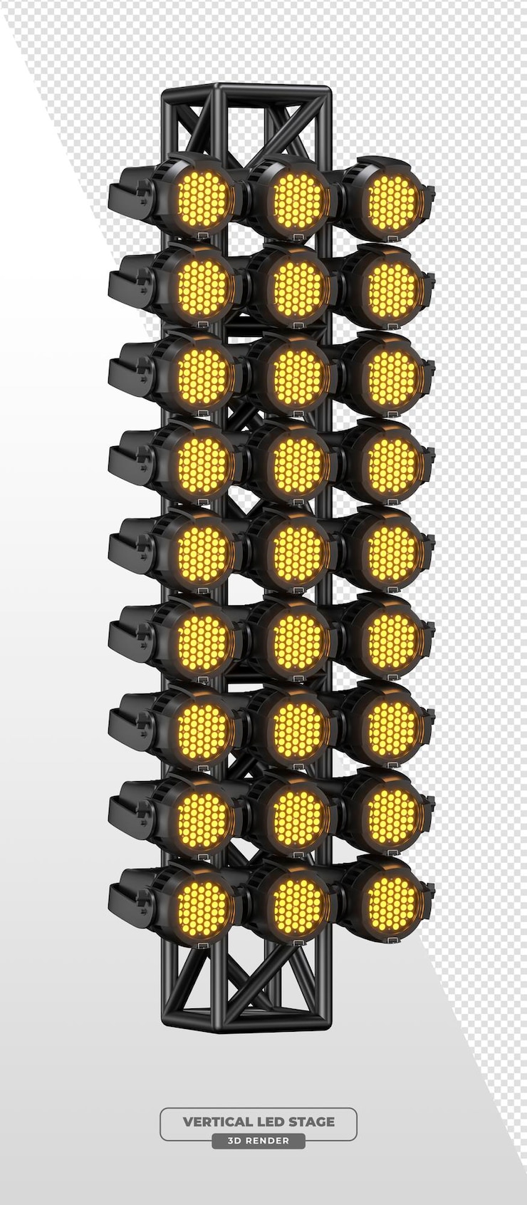 PSD torre de estructura de tres columnas con focos de escenario led de color ámbar en renderización 3d
