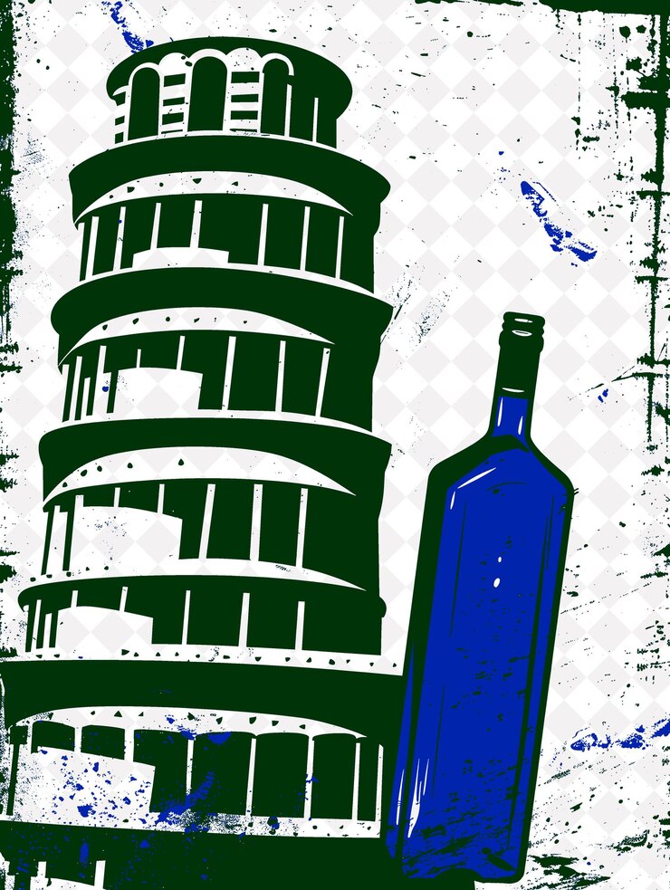 PSD torre inclinata di pisa con vassoi di lasagna e olio d'oliva rosso italia cultura disegno illustrativo