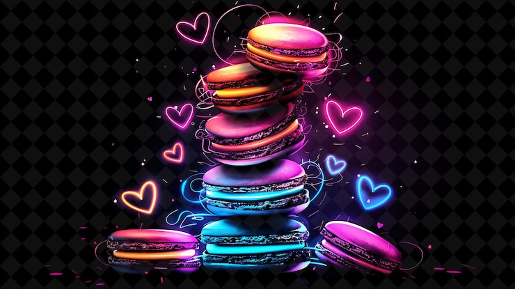 PSD torre de macarrones fluorescentes apiladas con macarrones fragmentados c color de neón alimentos bebidas colección y2k