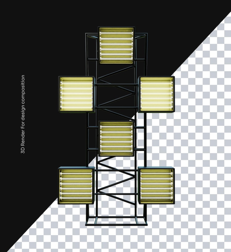 PSD torre metálica 3d com quadrados iluminados para design de panfletos de eventos