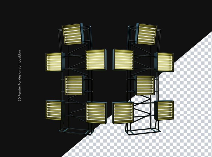 PSD torre metálica 3d com quadrados iluminados para design de panfletos de eventos