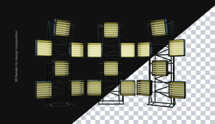 PSD torre metálica 3d com quadrados iluminados para design de panfletos de eventos