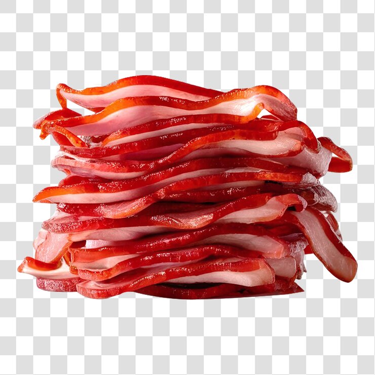 Una torre perfectamente apilada de rebanadas de tocino frescas y vibrantes aisladas sobre un fondo transparente