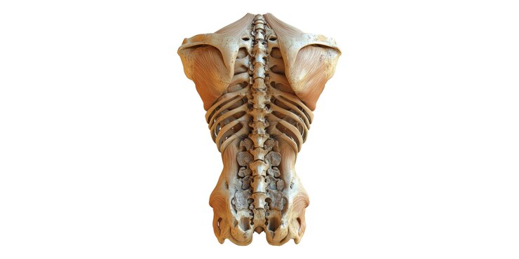 PSD torso esquelético humano con columna vertebral y costillas aisladas sobre un fondo transparente