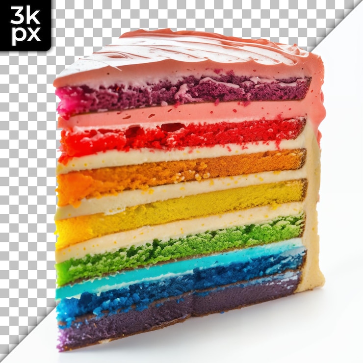 PSD torta de arco iris con salpicaduras en un fondo transparente