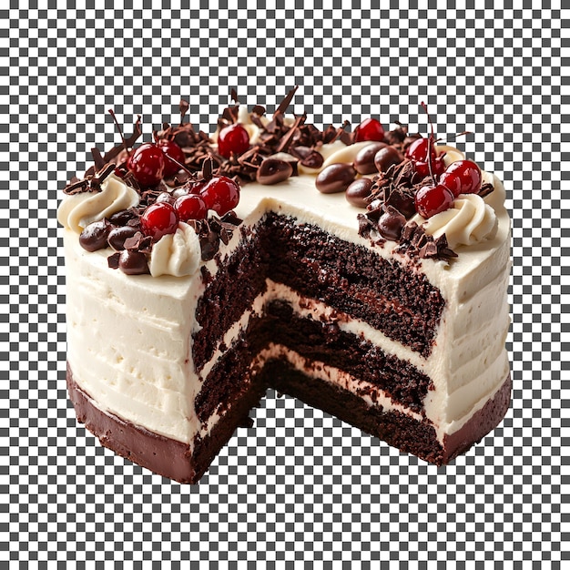 Torta della Foresta Nera con fetta mancante isolata su uno sfondo trasparente
