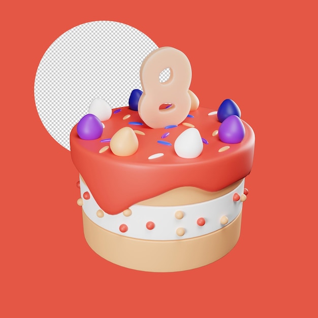 torta di compleanno con candela numero 8, rendering 3d realistico
