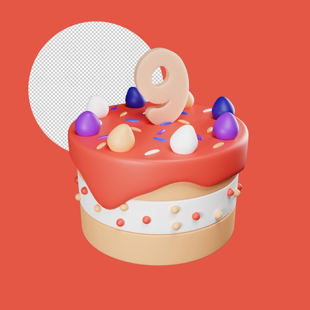 torta di compleanno con candela numero 9, rendering 3d realistico