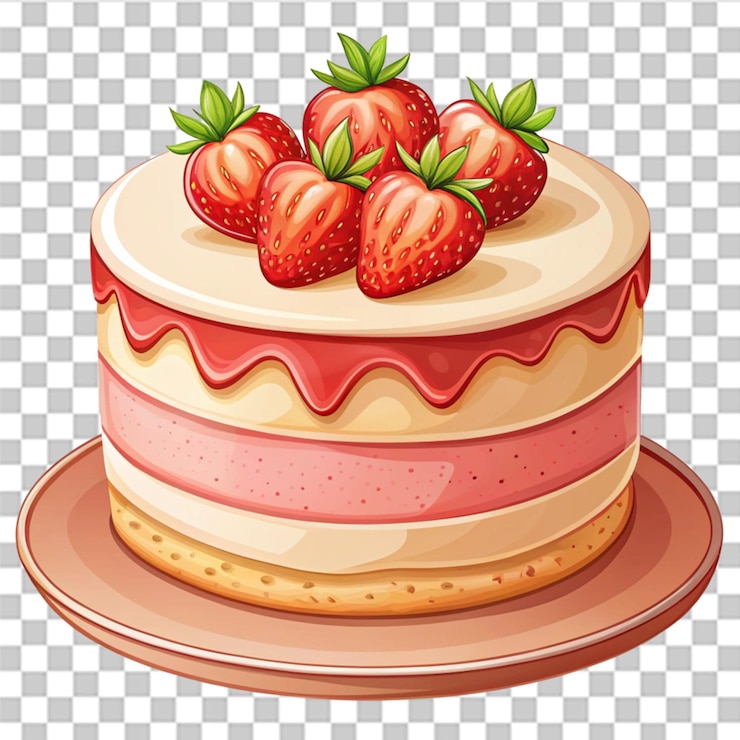 PSD torta di fragole su piatto illustrazione di cartone animato isolata su sfondo trasparente
