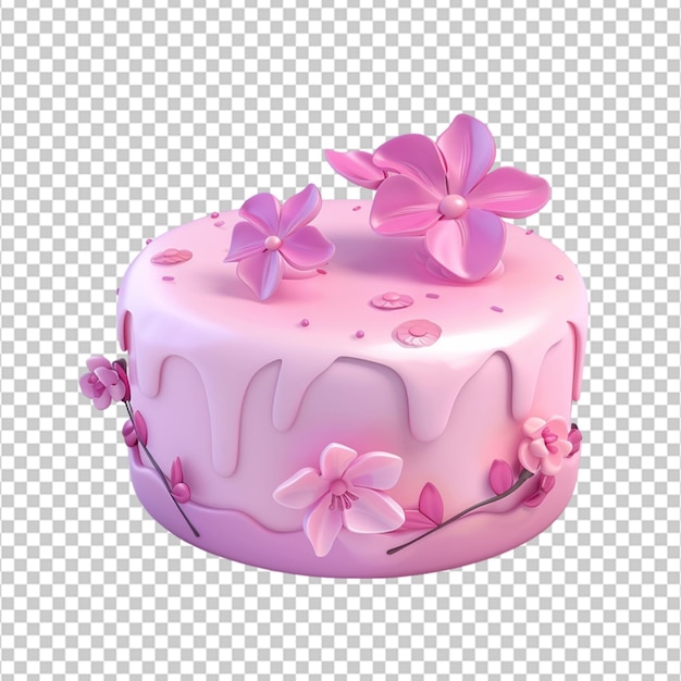 Torta rosa carino 3D con fiore Buon compleanno stile cartone animato in plastica su sfondo bianco isolato