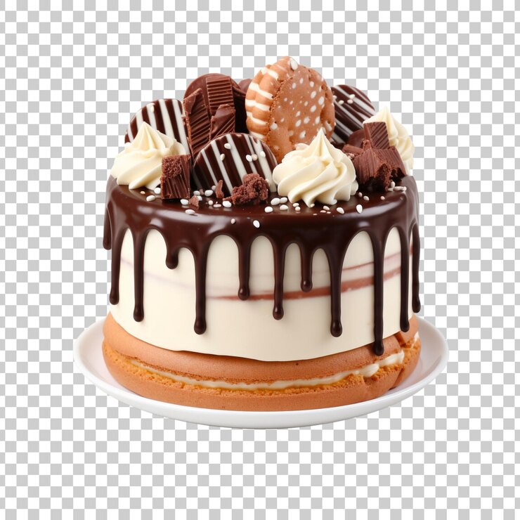 PSD torta versata con cioccolato e decorata con diversi biscotti su uno sfondo trasparente