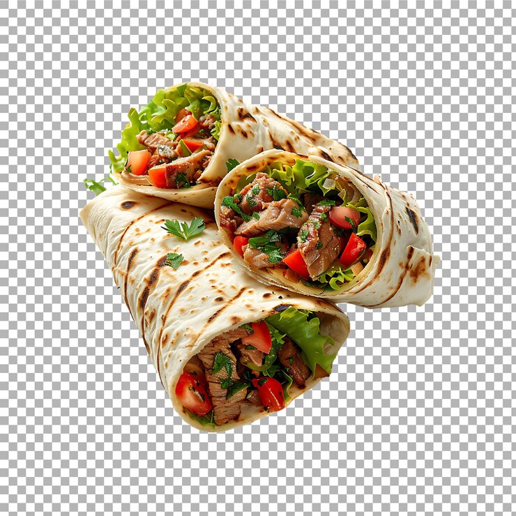 Tortilla avvolta con carne isolata su uno sfondo trasparente